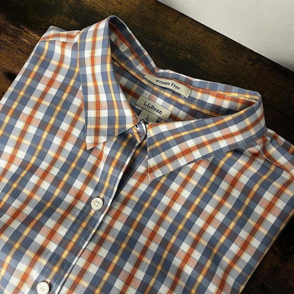 L L Bean Men's Dress Shirt Size Large Blue Checkered Preppy Classic Wrinkle Free
